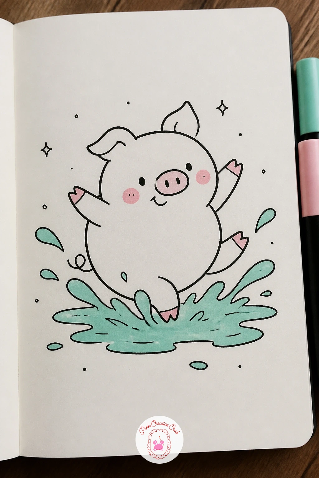 Piglet Splashing in a Mud Puddle — Start with the easiest pig in the whole list: a round oval body, two triangle ears, four short stick legs kicking out to the