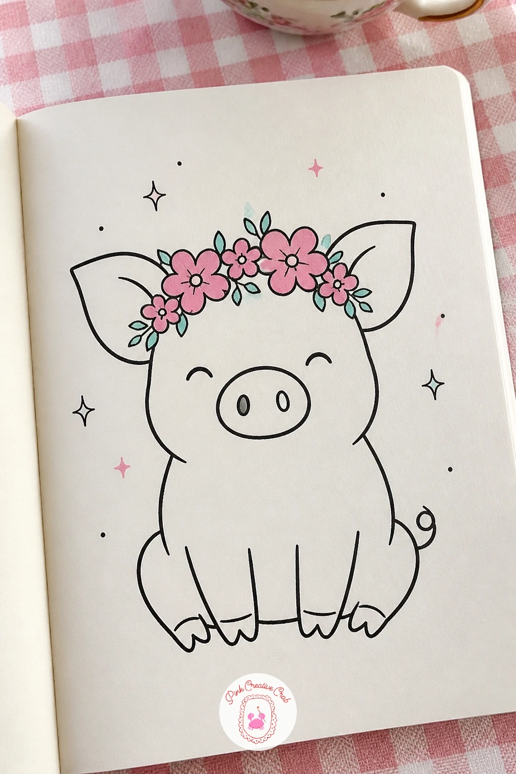 Pig Wearing a Flower Crown — Once the basic piglet shape feels easy, build on it with a flower crown. Pig doodle