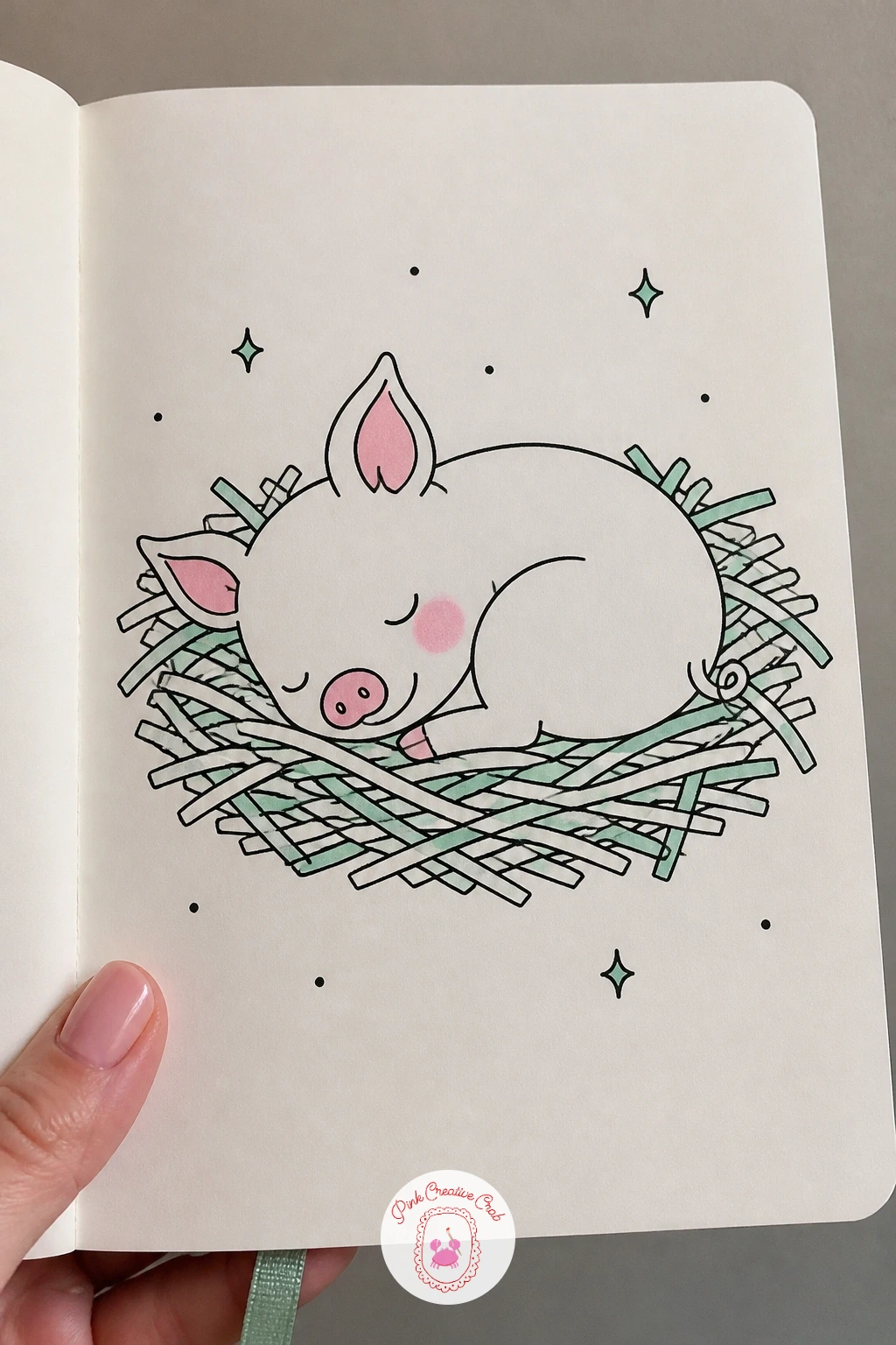 Piglet Asleep in a Straw Nest — This piglet curls into a comma shape rather than a round oval, which is the detail that makes sleep read clearly on a pig doodle