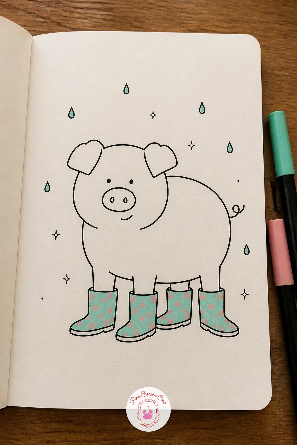 Pig in Rain Boots — Give the standing pig a job to do: four straight little legs end in simple rounded rain boots instead of trotters, each boot just a rounded
