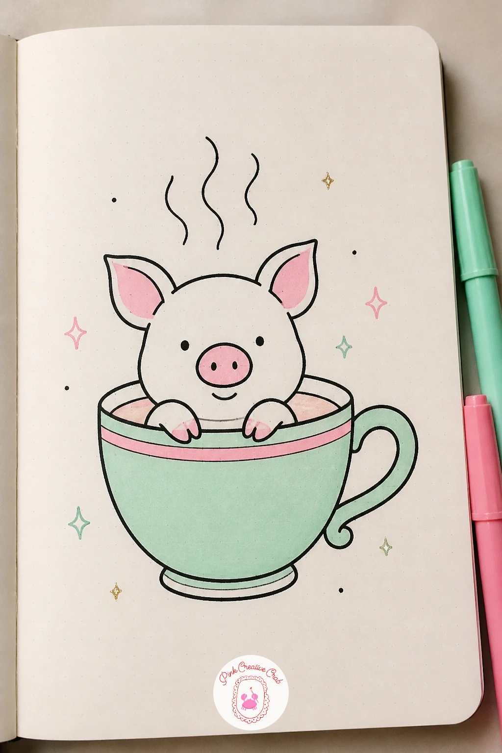 Piglet in a Teacup — Here the piglet sits inside a teacup instead of standing on the ground, so draw the cup first as a simple rounded shape with a small