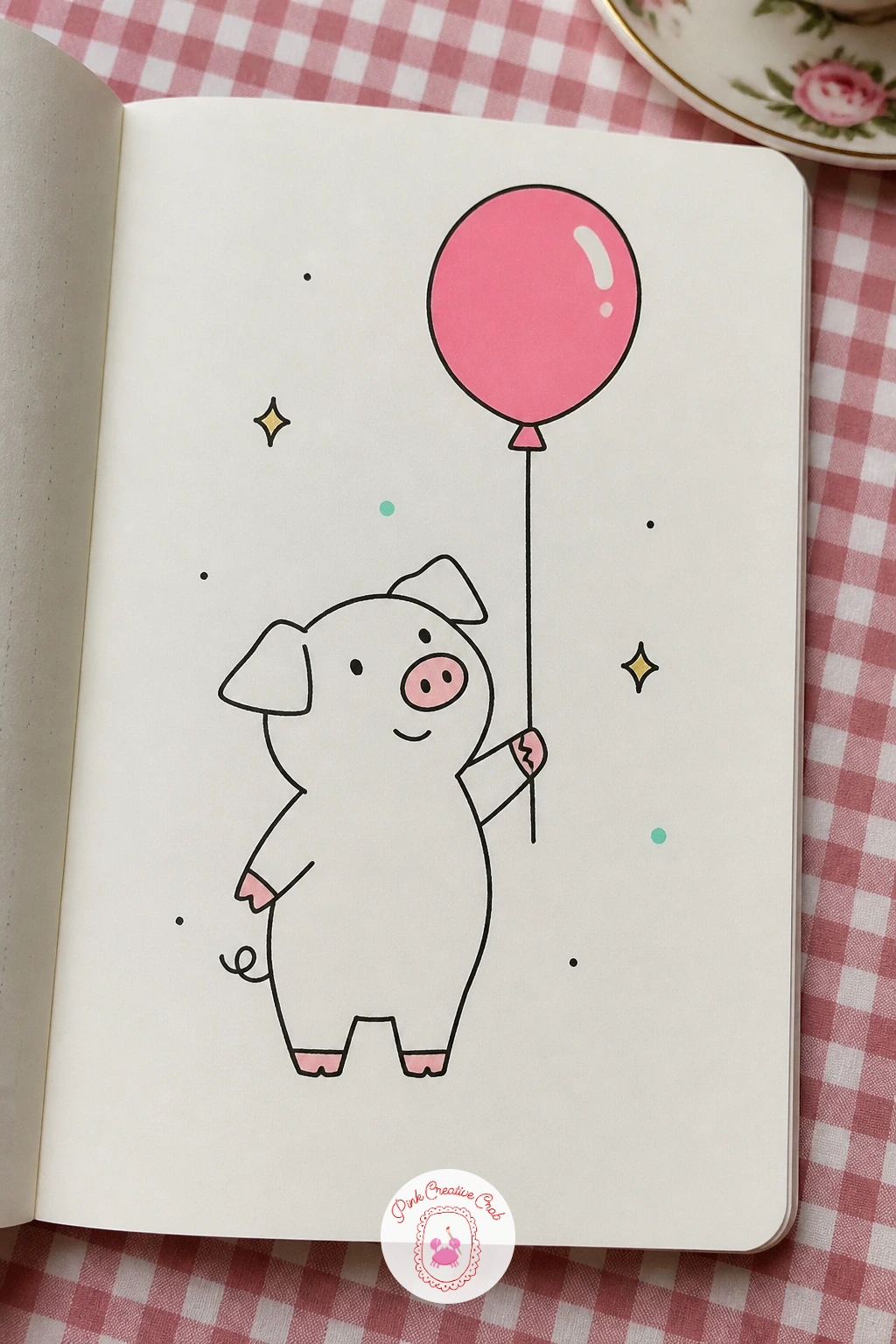 Pig with a Balloon — Balloons give a pig doodle a nice bit of upward motion, so draw the balloon string first as a single curving line from the pig's trotter