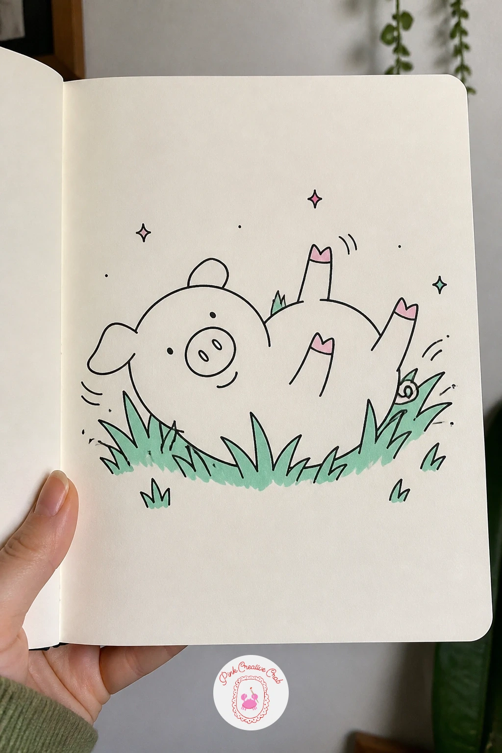 Pig Rolling in the Grass — Rolling is about the angle of the body, so draw the pig on its back or tipped sideways with legs up in the air rather than standing