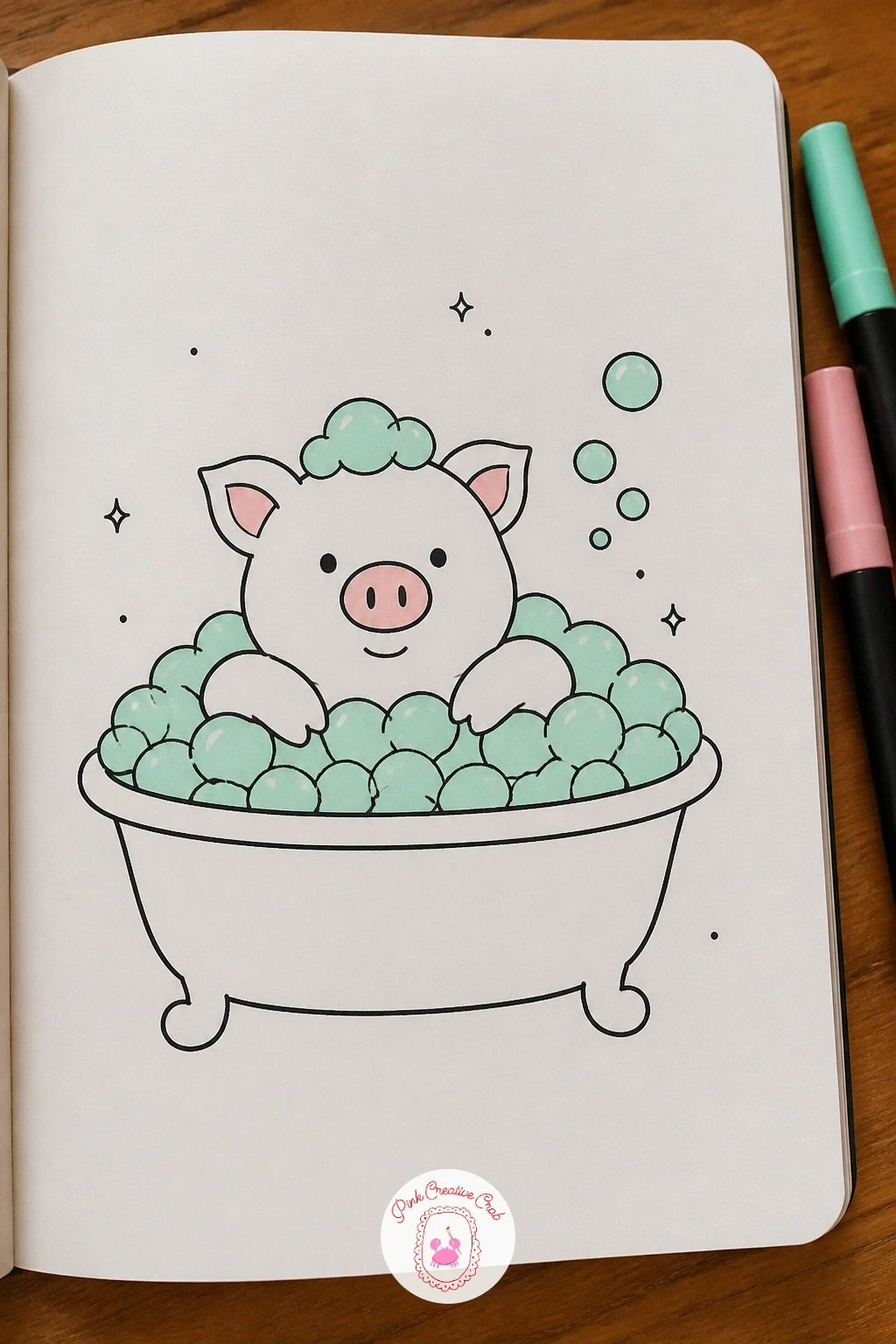 Pig in a Bubble Bath — Bubbles are the star of this scene, so build them from simple overlapping circles of different sizes rather than one solid blob, piling