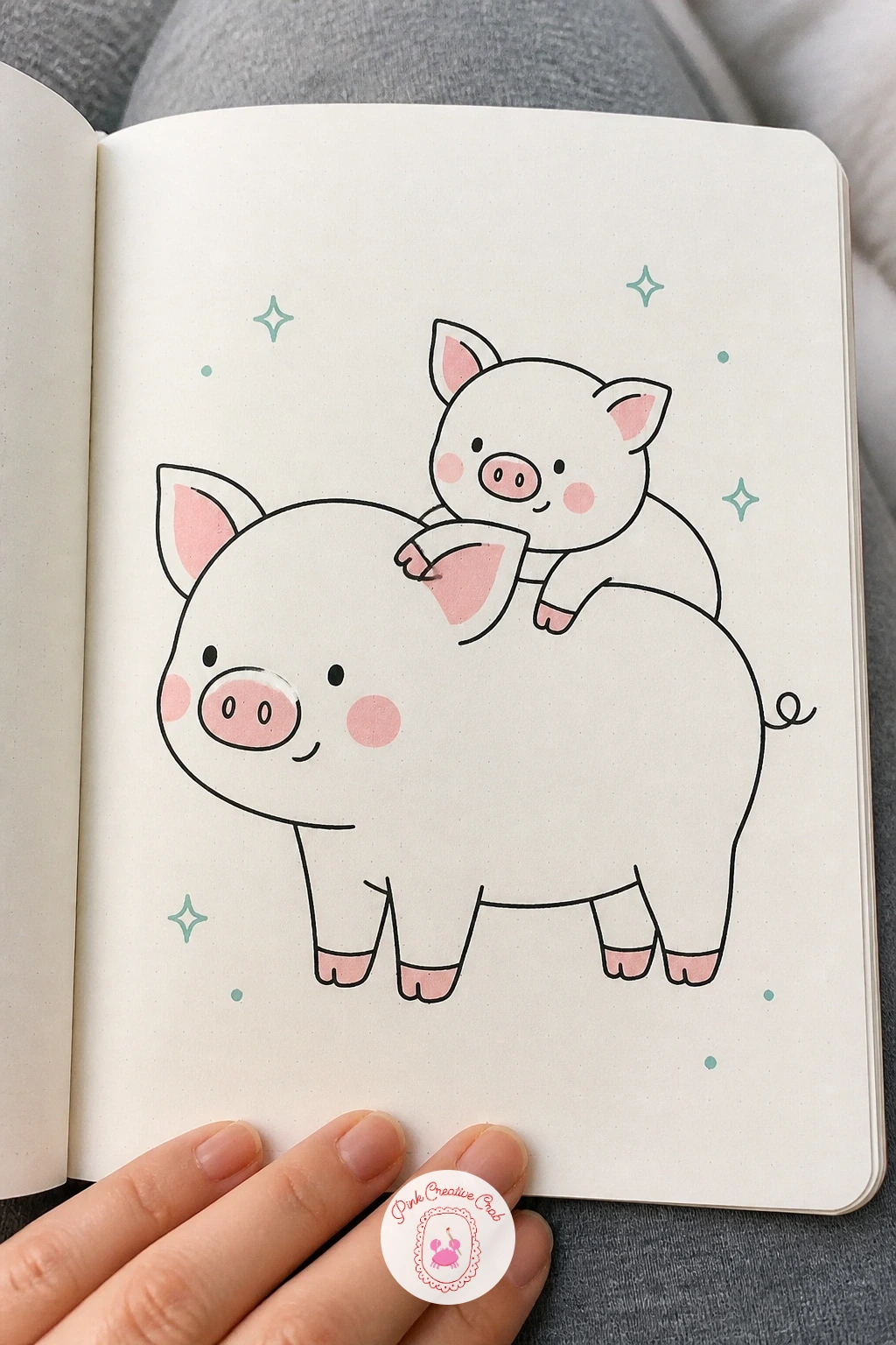 Piglet Riding on Its Mother's Back — Keep the mother pig's eye level low and steady since she is the base of the whole doodle, a simple standing pose with four