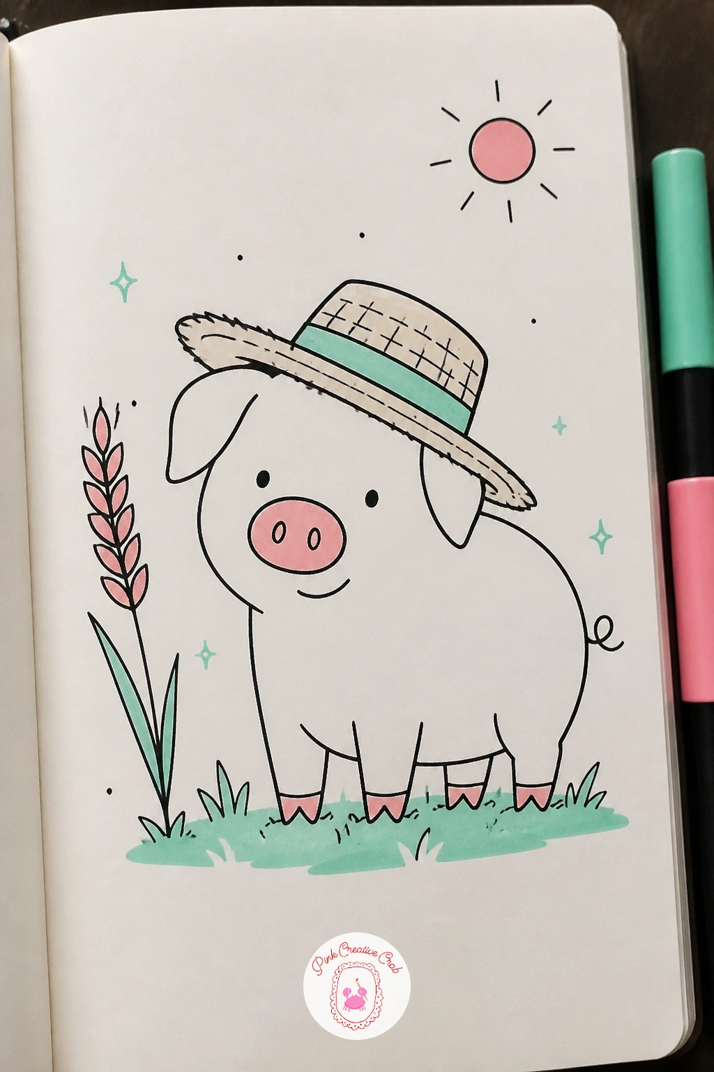 Pig with a Straw Hat in a Field — This is the first scene with a real horizon, so decide where the light comes from before inking anything: a sun drawn in one