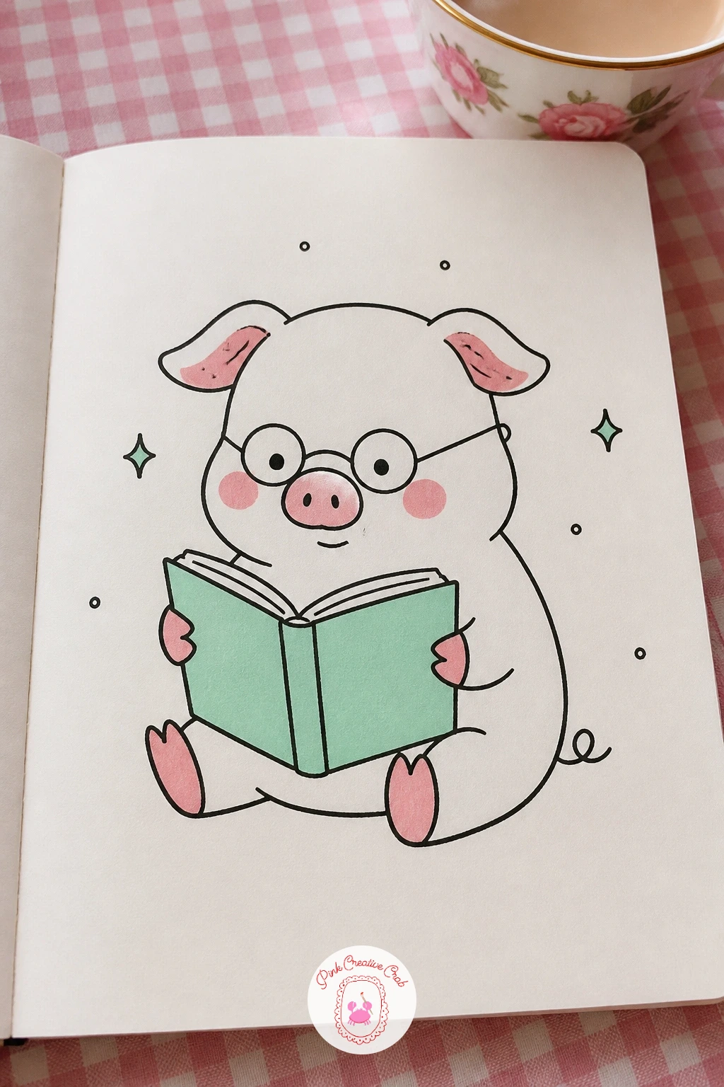 Pig Reading a Book — Give the pig something to hold and the whole pose changes: sit it upright on its hind legs with both front trotters resting on an open
