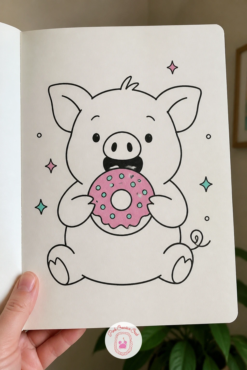 Pig Eating a Donut — Donuts give you an easy excuse to practice a clean circle with a hole in the middle, something that trips up a lot of doodles when rushed.