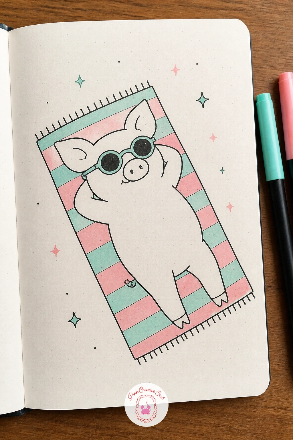 Pig with Sunglasses on a Beach Towel — Lying flat changes the pig's whole silhouette, so draw the body as a long stretched oval rather than a round one, front