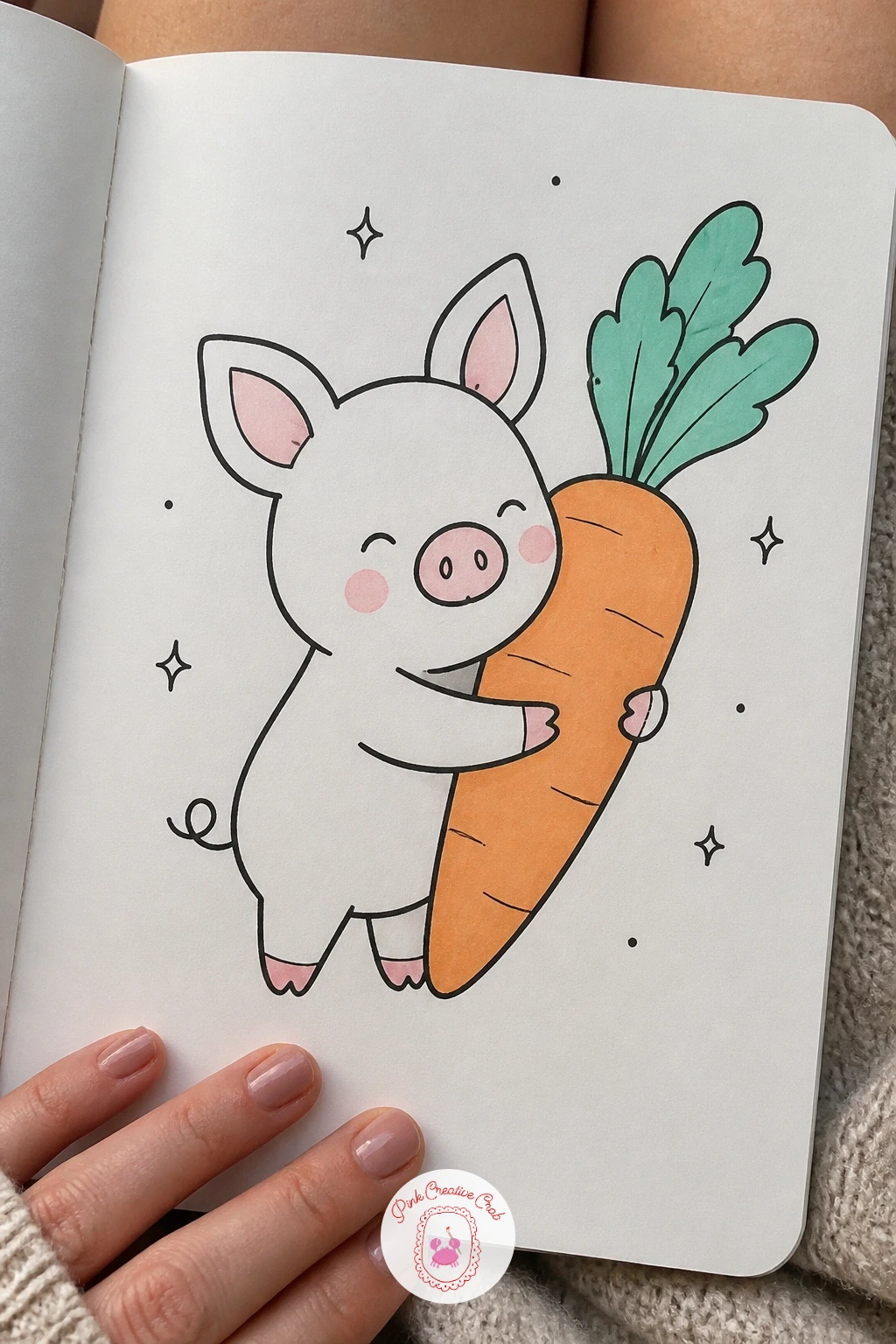 Piglet Hugging a Carrot — This one pairs nicely with the apple idea earlier but asks for a different shape entirely: the carrot is long and tapered rather than