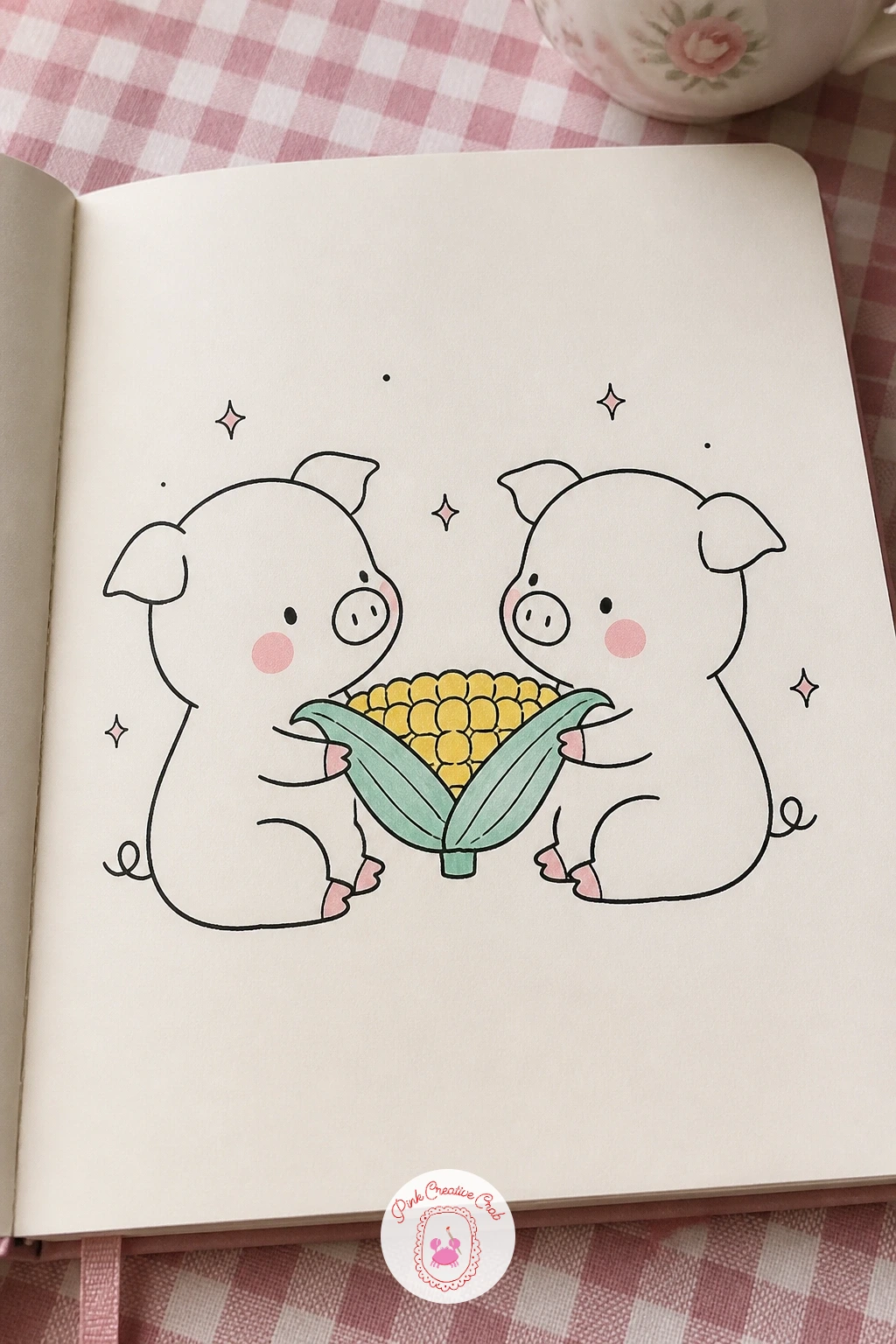 Two Piglets Sharing a Corn Cob — Two characters sharing one object is an easy way to add a bit of story, so place the two piglets facing each other with the