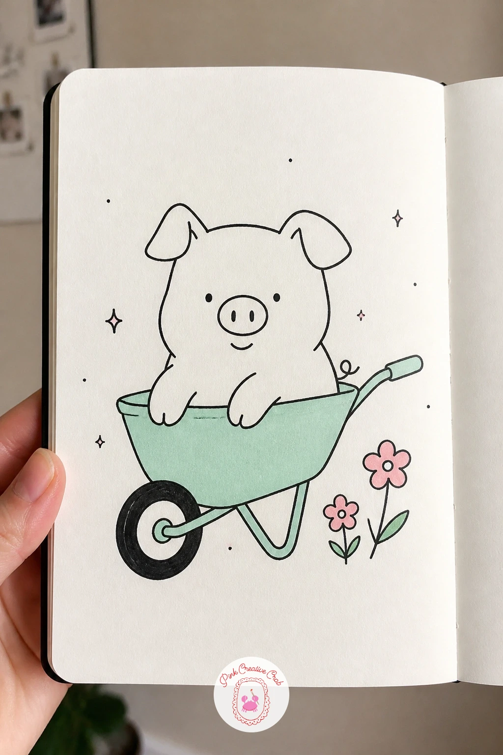 Pig in a Wheelbarrow — A wheelbarrow introduces a bit of real perspective: draw the single front wheel slightly larger and lower than the back handles, since