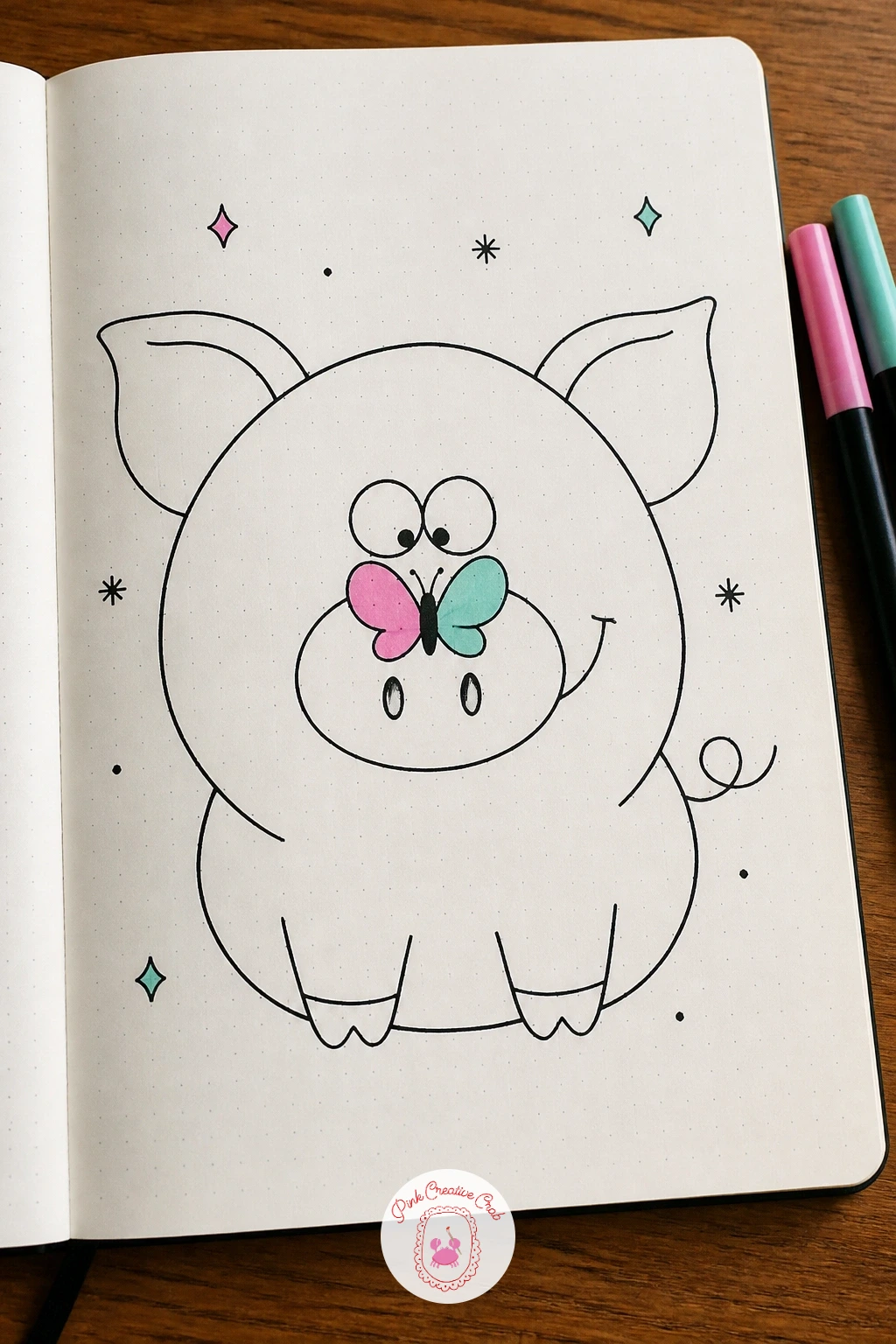 Pig with a Butterfly on Its Snout — Small details carry this whole scene, so keep the pig's pose simple and calm, standing or sitting still, and let the