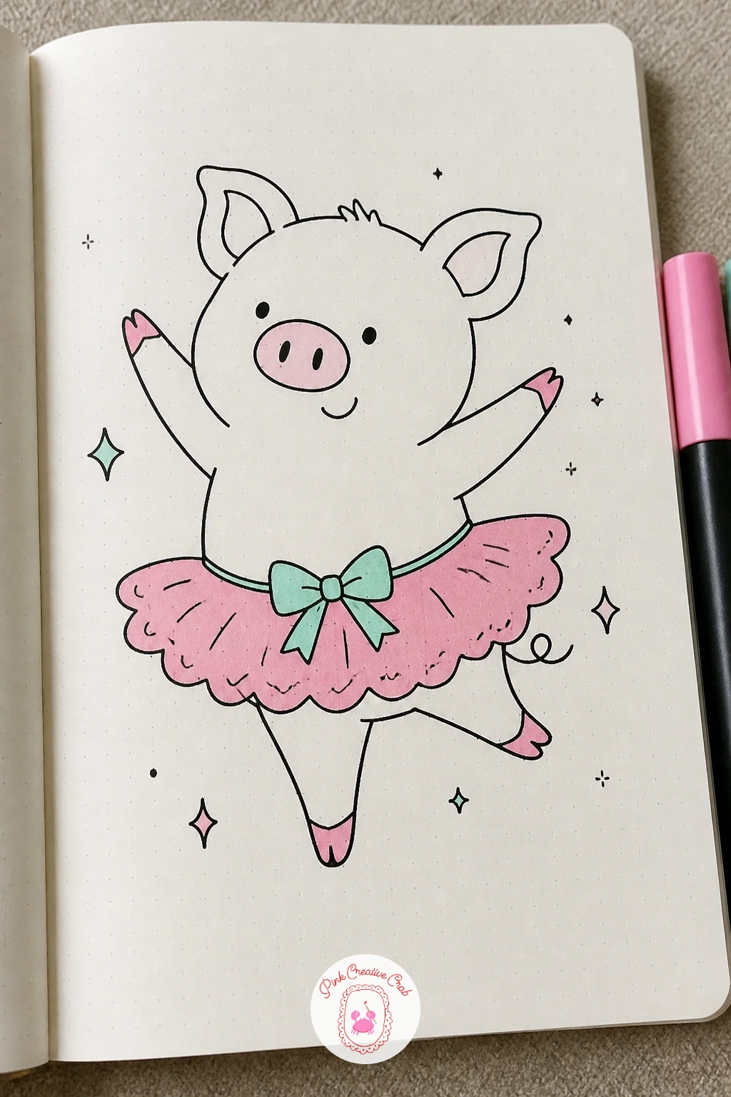 Pig in a Pink Tutu — A tutu adds a ring of fabric around the middle, so draw the pig's body first in a simple standing pose, then layer the tutu as a scalloped