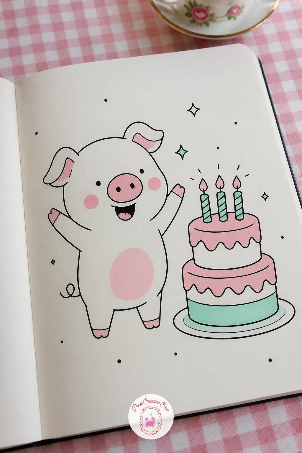 Pig with a Birthday Cake — Cakes are a good chance to practice stacking simple shapes cleanly: draw two or three rounded rectangles of decreasing width stacked