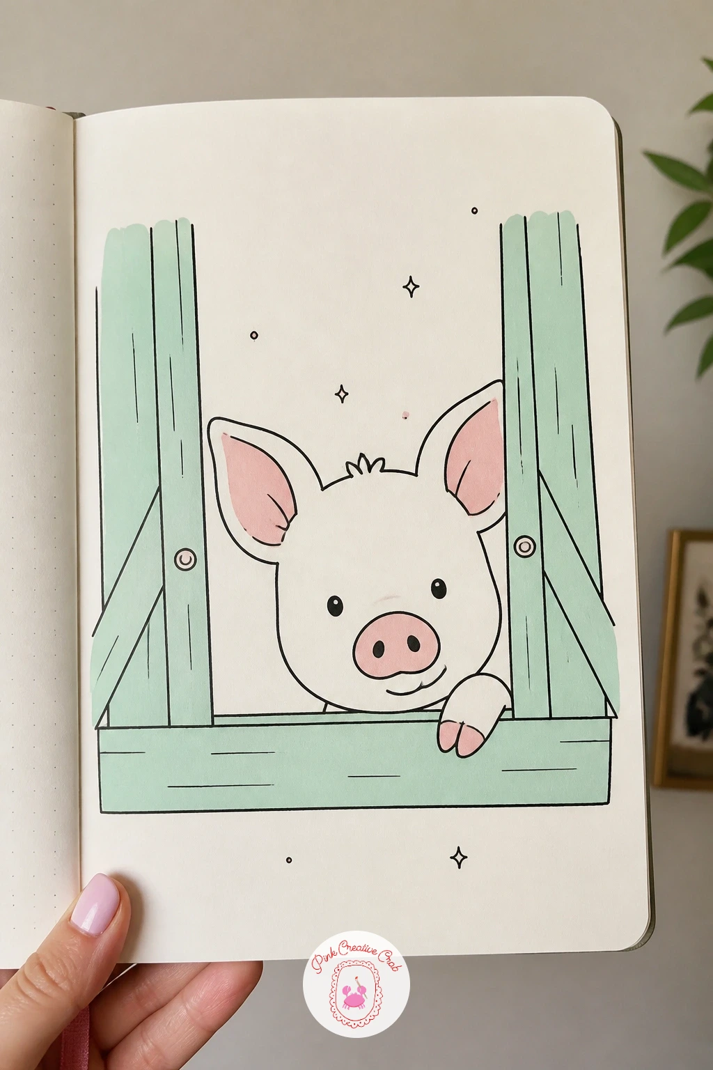 Piglet Peeking Out of a Barn Door — This scene only needs the pig's head and front trotters, which makes it a good one to practice cropping a pose naturally
