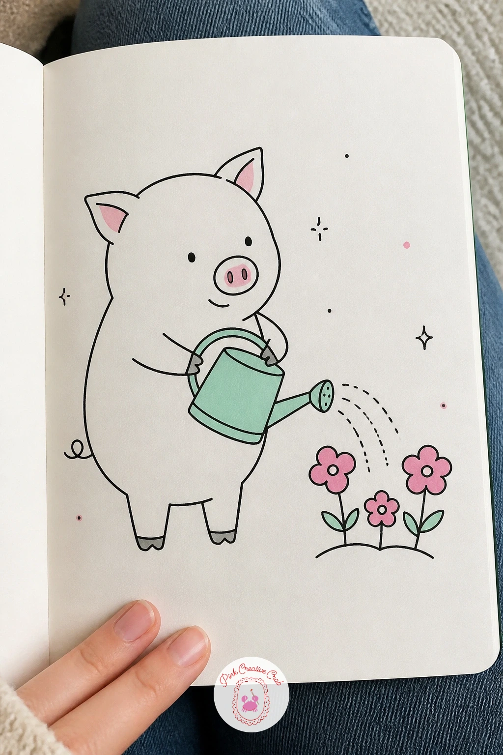Pig with a Watering Can — Give the pig a small task and the pose needs real purpose: tilt the watering can forward in one trotter with a few curved lines