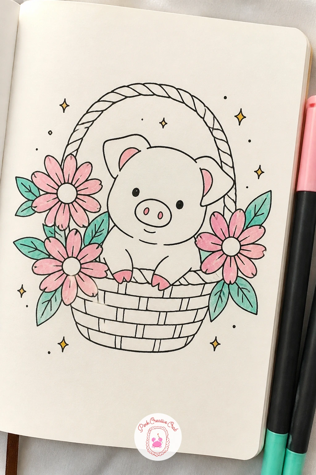 Pig in a Basket of Daisies — Baskets work well for grouping a pig with a cluster of flowers without needing a full garden scene. Pig doodle