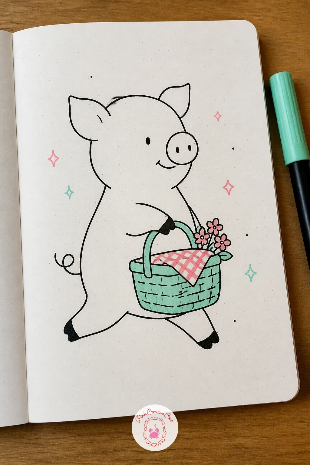 Pig Carrying a Picnic Basket — Close the list with a pig fully in motion, trotting along with a woven basket held in its mouth or looped over one front