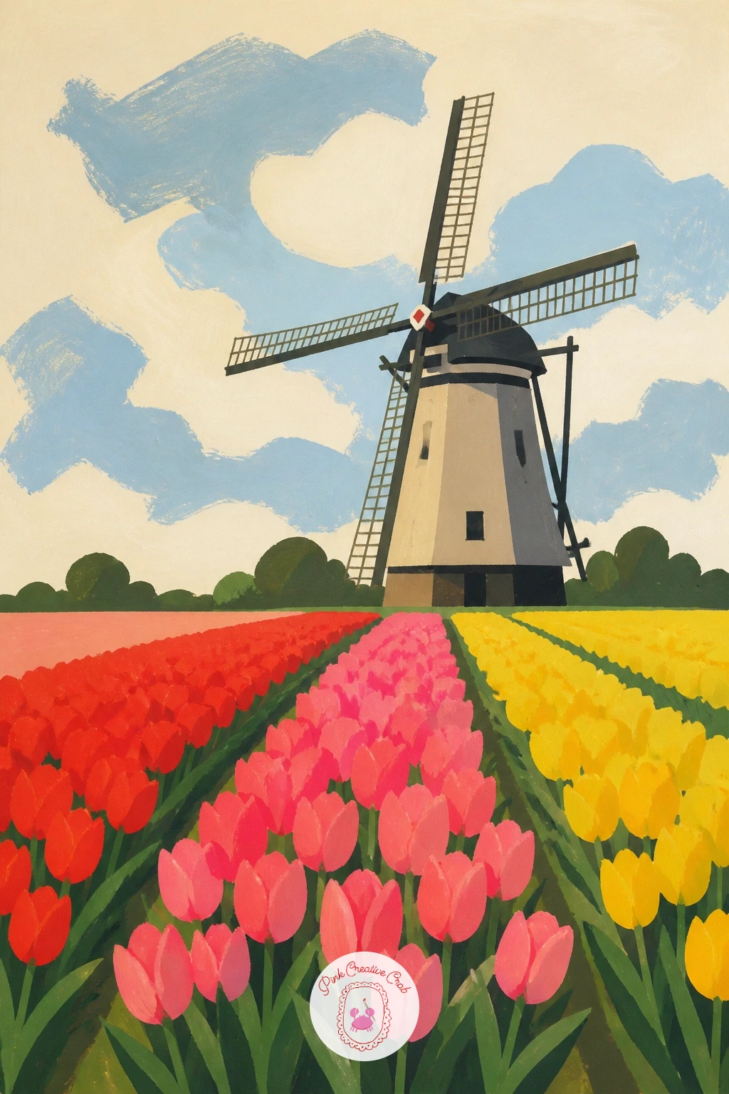 Dutch Windmill Above Tulip Field — Start with the windmill you already picture when you hear the word: a Dutch mill standing over rows of tulips. Windmill