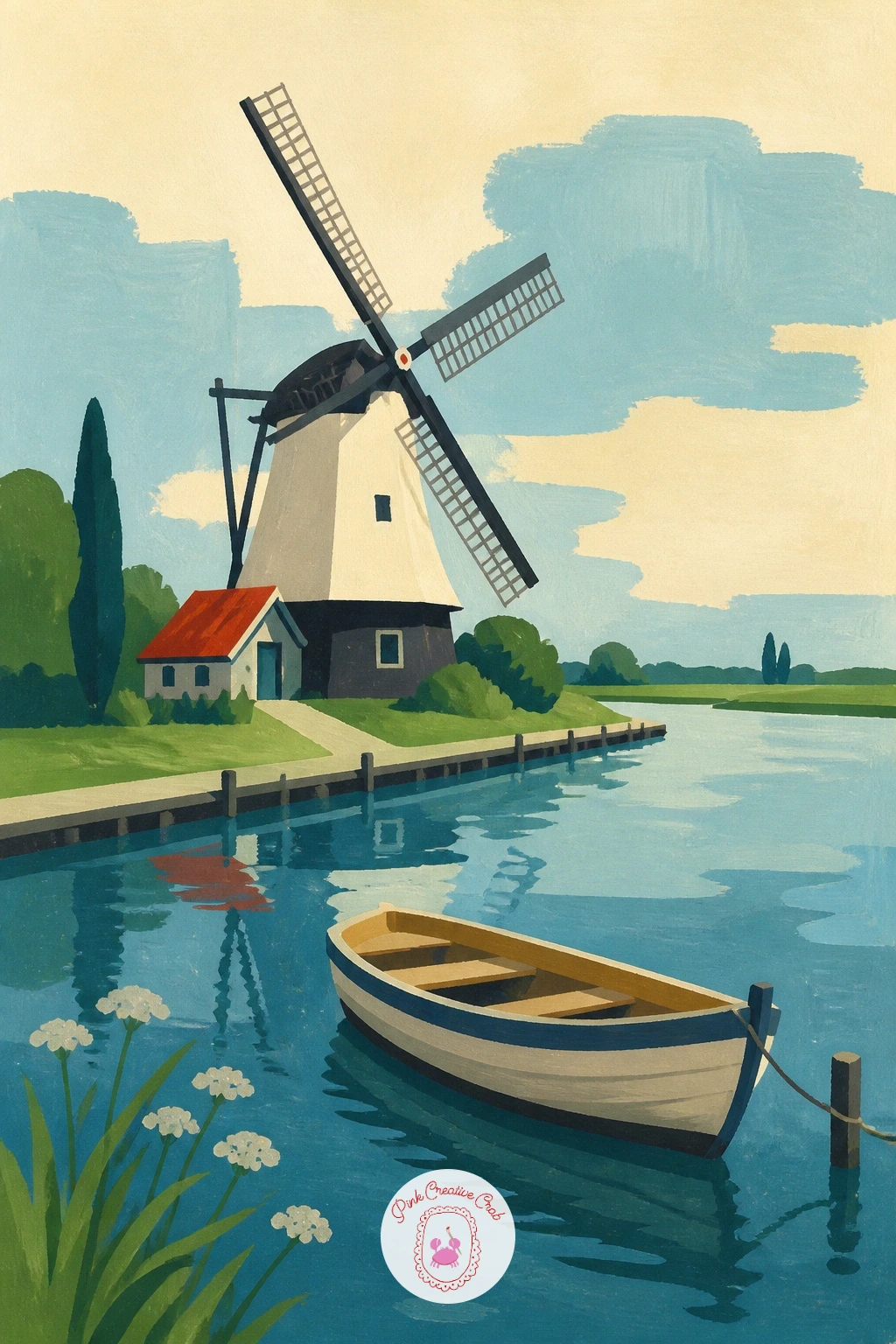 Windmill Beside a Canal With Rowboat — Move from field to water with a windmill set along a canal, a small wooden rowboat drifting near its base. Windmill