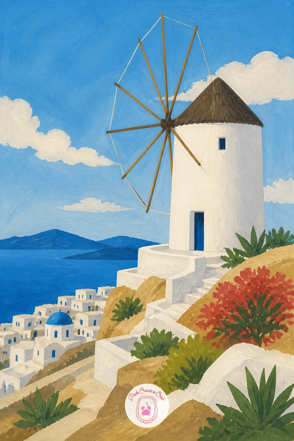 White Windmill on a Greek Island Hill — Trade the canal for sun with a white windmill perched on a Greek hillside above a blue sea. Windmill painting