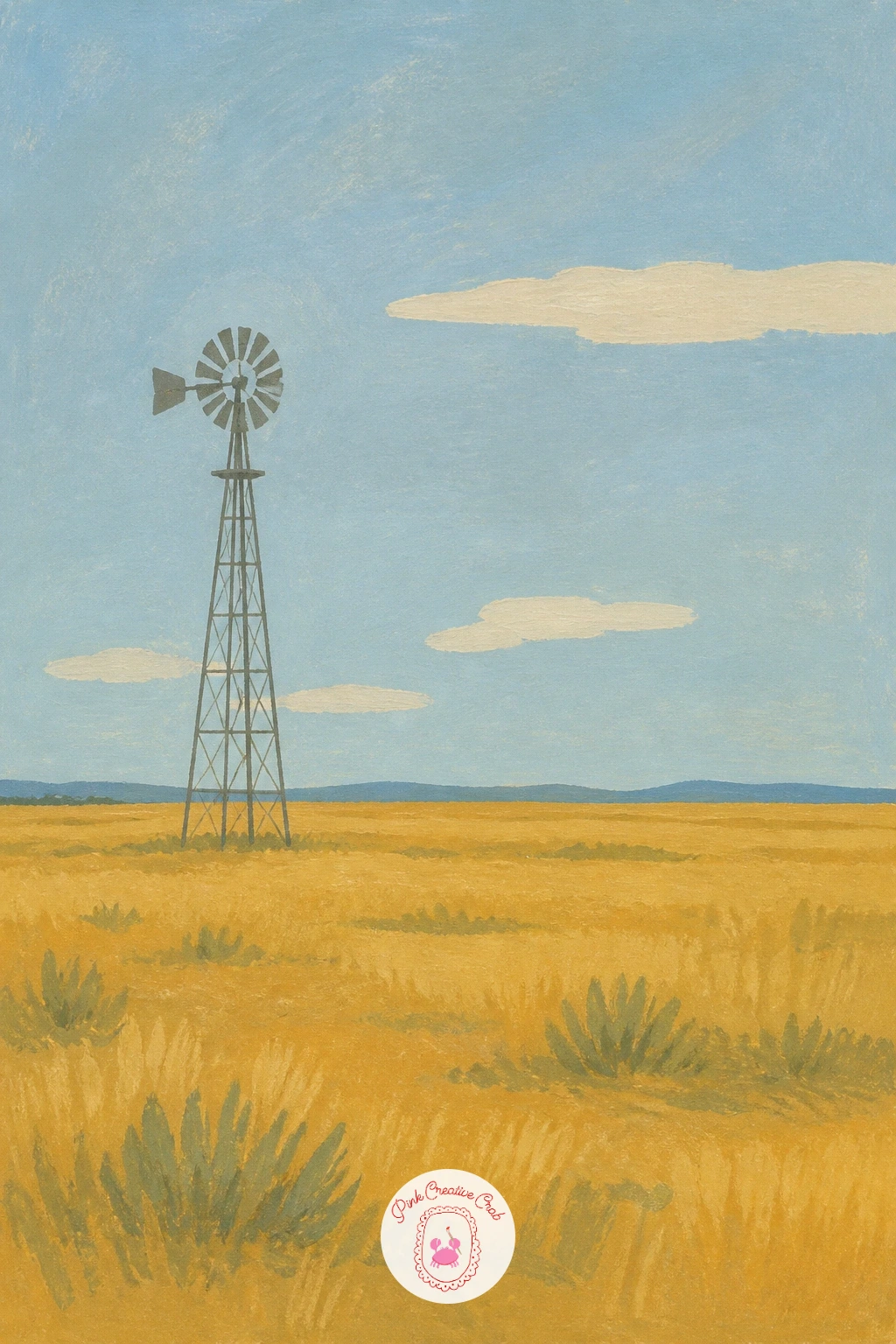 Farm Windmill on an Open Prairie — Shift continents again for a skeletal farm windmill standing alone on flat American prairie. Windmill painting