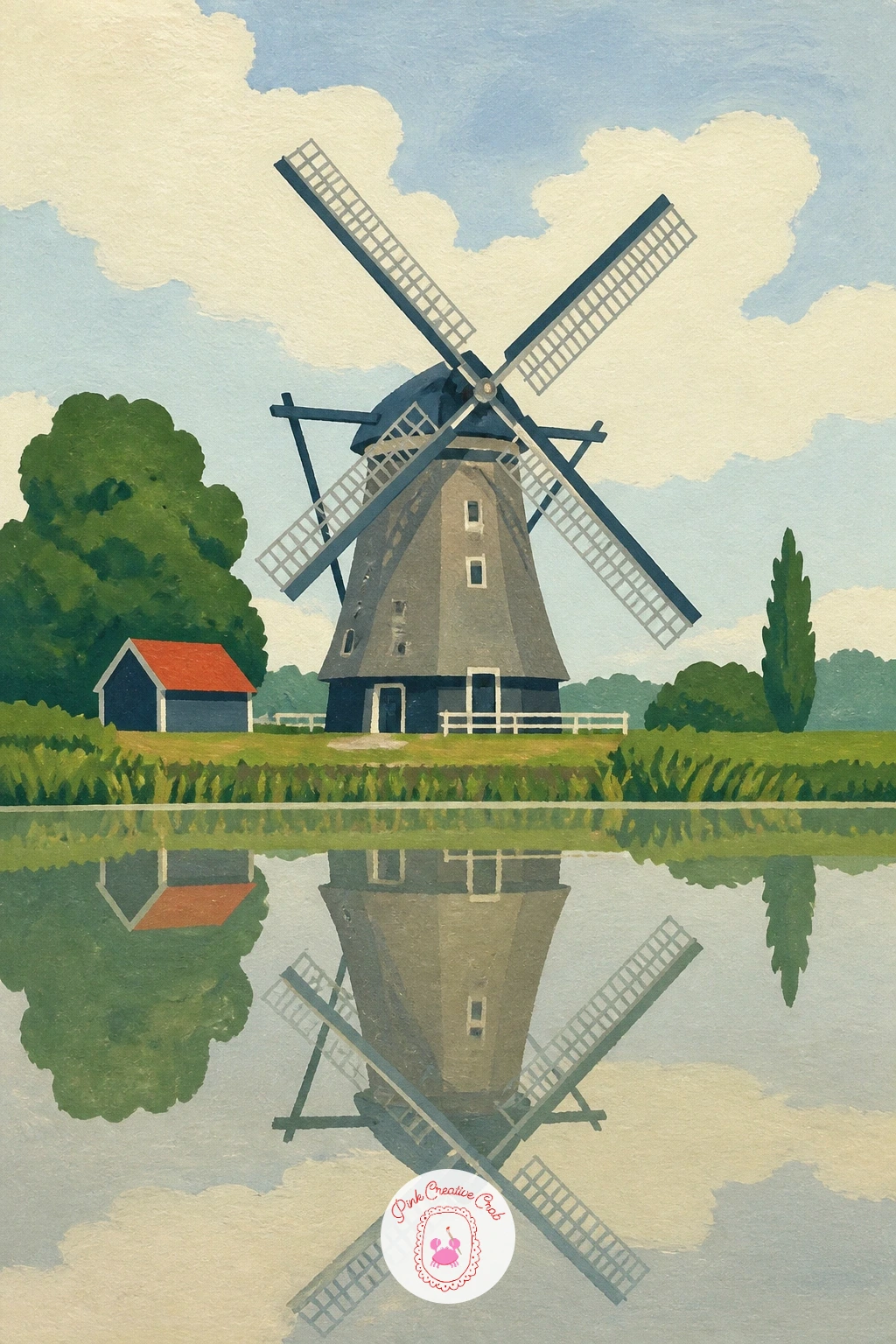 Windmill Reflected in a Still Pond — Give the prairie windmill a quieter cousin: a mill standing beside water so still it doubles the whole scene. Windmill