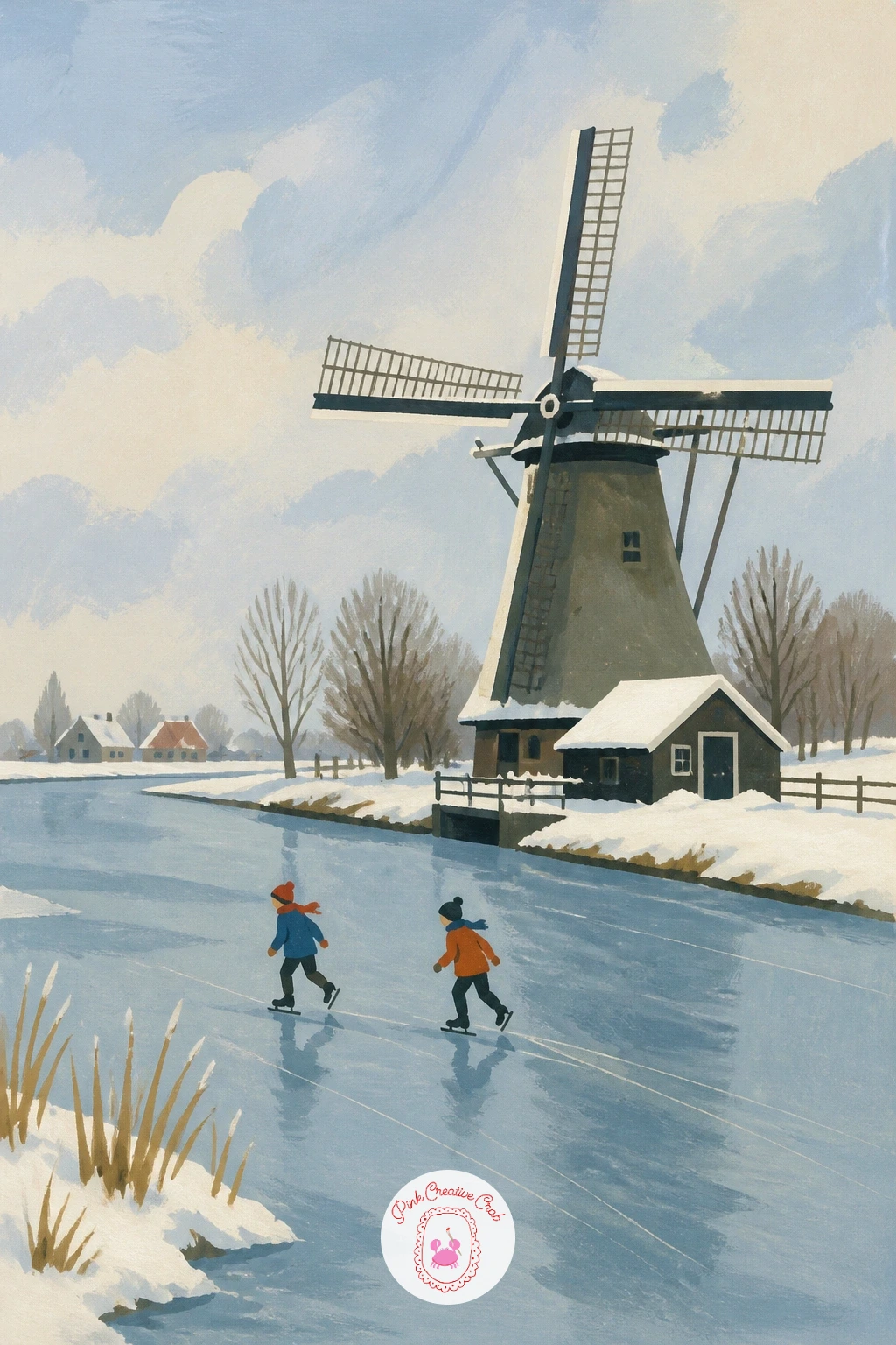 Windmill in Winter With Skaters on the Canal — Freeze the canal from earlier into ice and send a few tiny skaters across it below a snow-dusted mill. Windmill