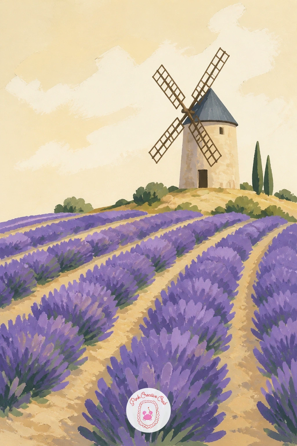 Stone Windmill on a Hill of Lavender — Carry the flat-field trick from the tulip painting into purple for a stone windmill above rows of lavender. Windmill