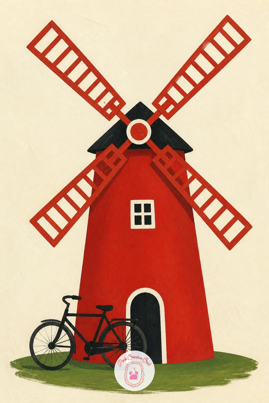Red Windmill With a Bicycle Leaning On It — Bring the scene down to human size with a cheerful red windmill and a bicycle leaning against its base. Windmill