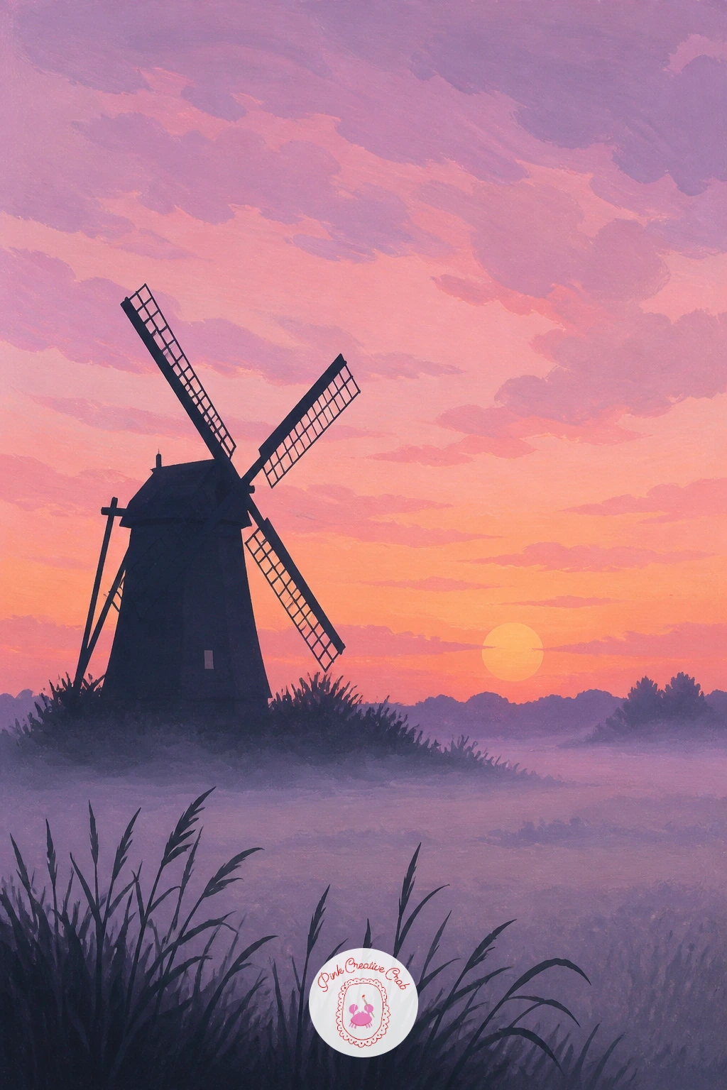 Windmill at a Pastel Sunrise With Mist — Soften everything for a windmill caught at sunrise, its base wrapped in low mist. Windmill painting