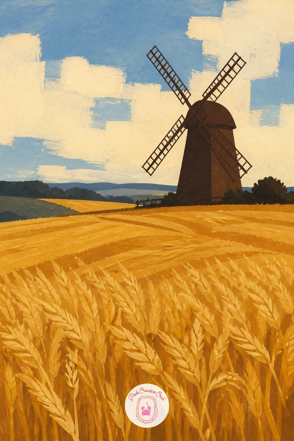 Windmill in a Wheat Field at Harvest — Turn to late summer with a windmill standing over a golden wheat field ready for harvest. Windmill painting