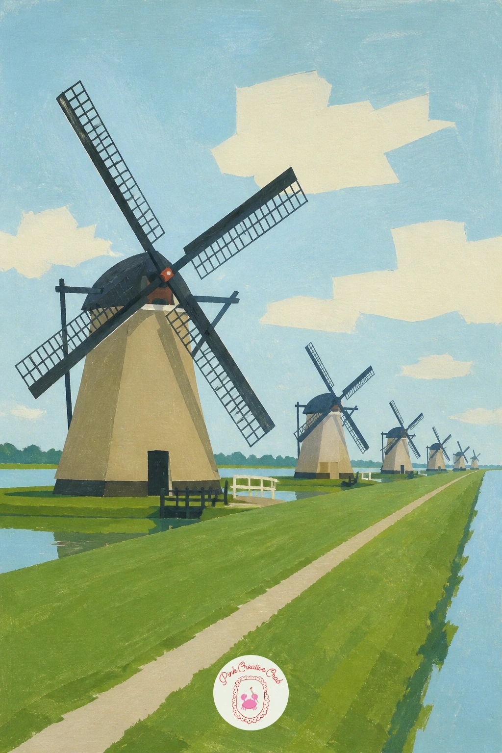 Row of Windmills Along a Dike — Multiply the mill into a row of several standing along a dike, each one smaller than the last as they march toward the horizon.