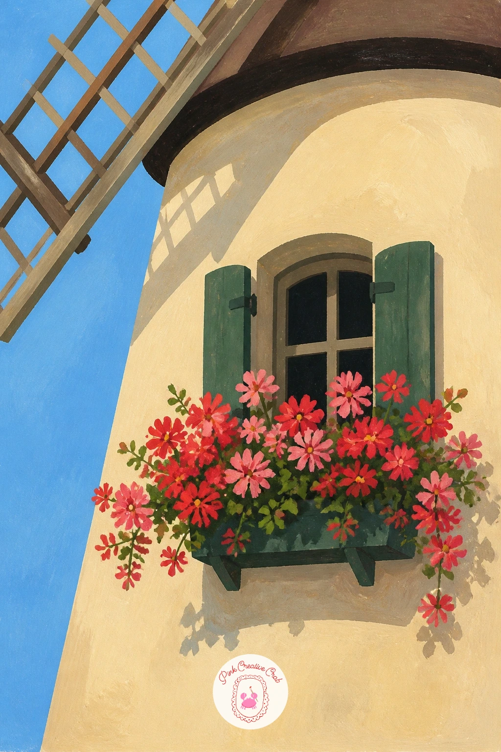 Windmill With a Flower Box Under Its Window — Zoom close for a more intimate subject: just the lower half of a windmill with a small flower box bright under