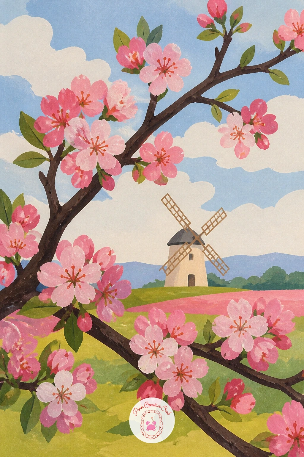 Windmill Seen Through a Blossoming Branch — Frame the whole scene behind a blossoming branch for a spring windmill painting with real depth