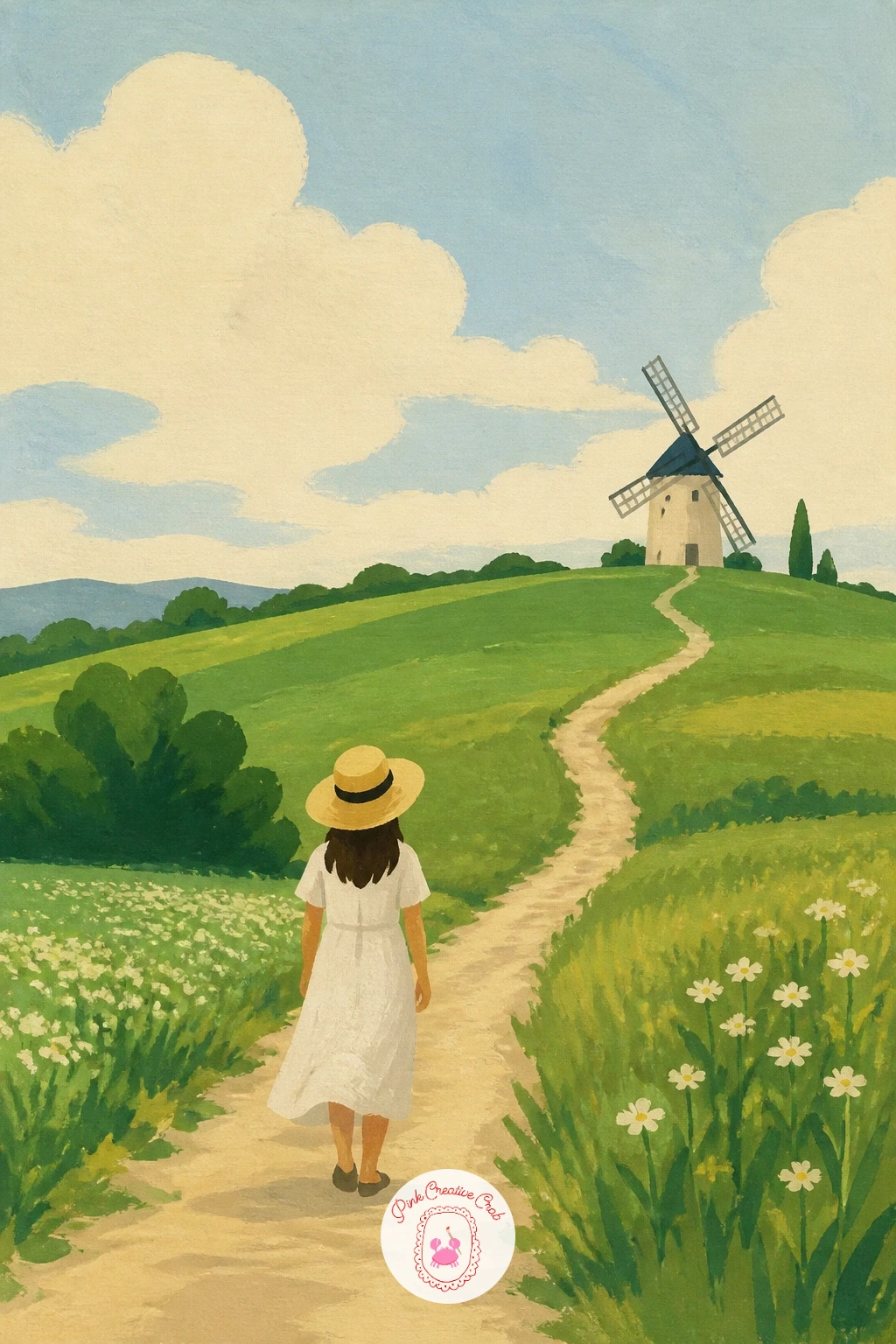 Girl in a Sun Hat Walking Toward a Windmill — Add a quiet human moment with a small figure in a wide sun hat walking along a path toward a distant windmill.