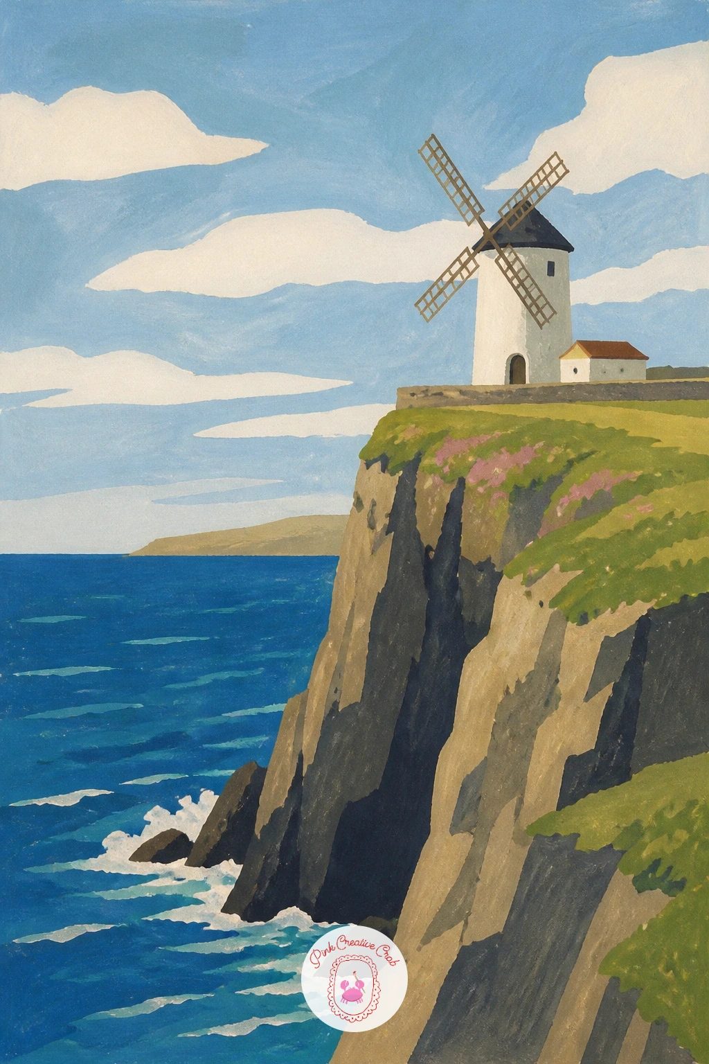 Windmill on a Cliff Above the Sea — Move the mill to a dramatic coastal edge, standing on a cliff with the sea stretched out below. Windmill painting