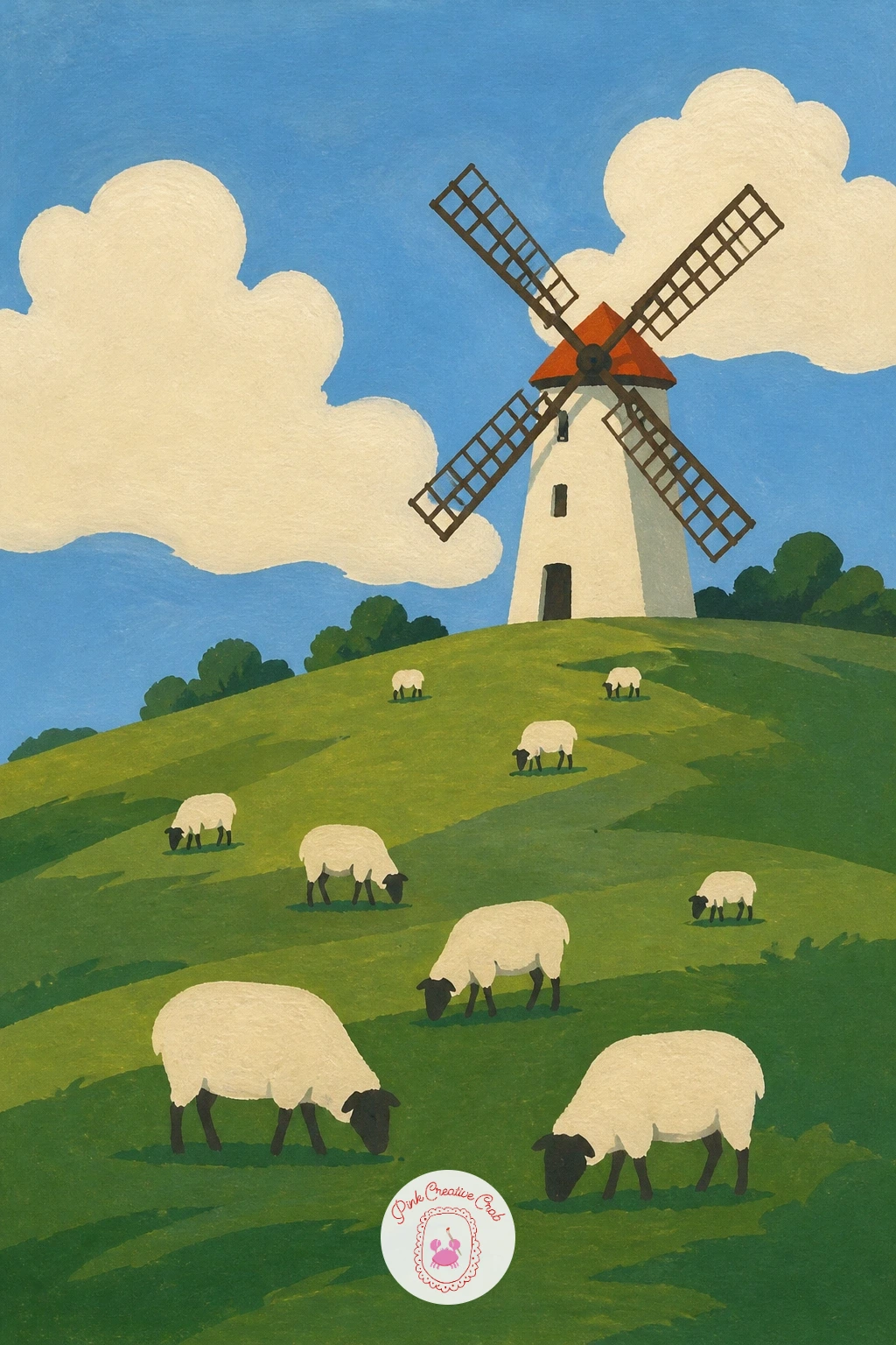 Windmill With Sheep Grazing Below — Bring in some gentle animal life with a windmill overlooking a slope where sheep graze. Windmill painting
