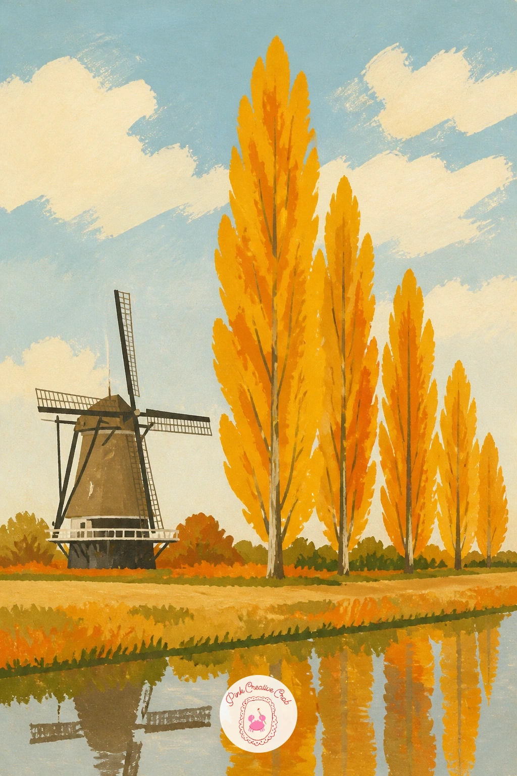 Windmill in Autumn With Golden Poplars — Shift the season again for a windmill standing beside a row of tall poplar trees turned gold for autumn. Windmill