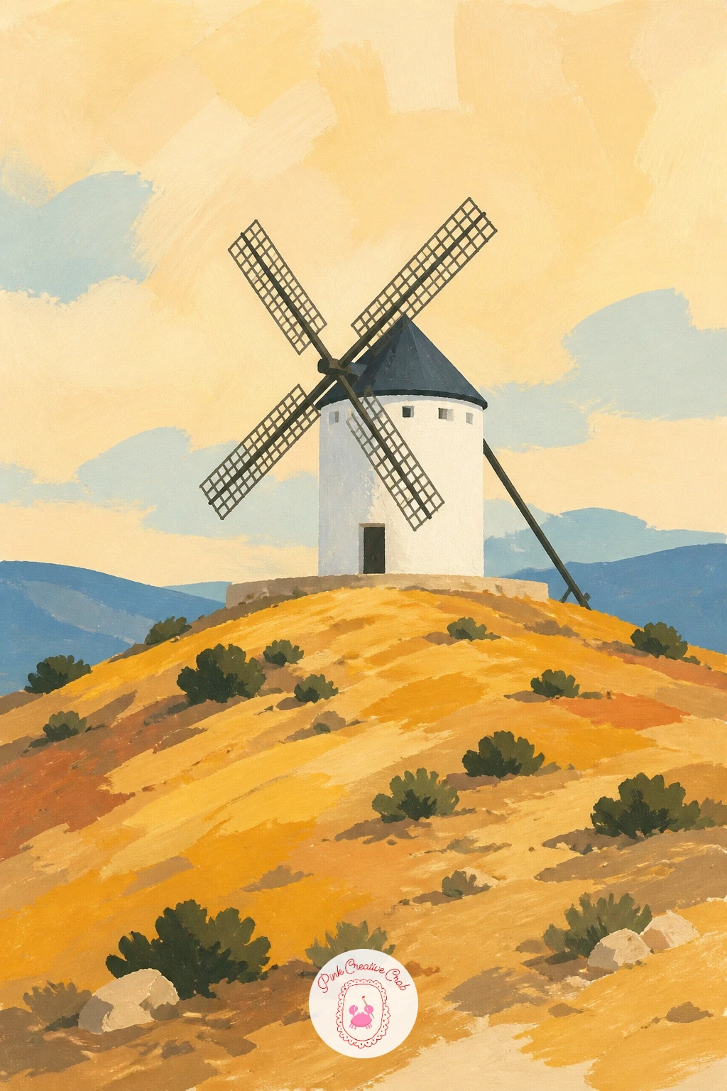 Spanish Windmill on a Dry Hilltop — Travel to a drier landscape with a white Spanish windmill standing on a sun-baked hilltop among others like it. Windmill