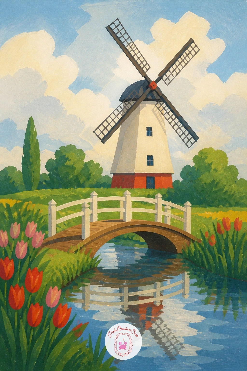 Windmill With a Little Bridge in Front — Add a small architectural detail with a windmill set just behind a little wooden bridge crossing a narrow stream.