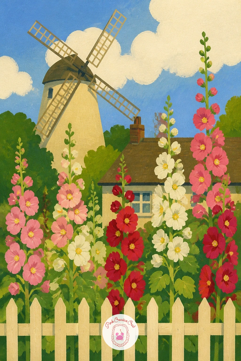 Windmill and a Cottage Garden of Hollyhocks — Pair the mill with a cottage garden bursting with tall hollyhocks along its base. Windmill painting
