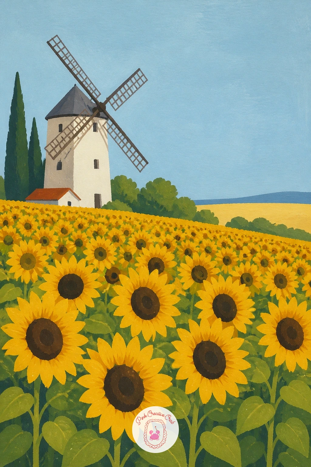 Windmill Beside a Field of Sunflowers — Swap the pink garden for bold yellow with a windmill standing beside a field of sunflowers all facing the same