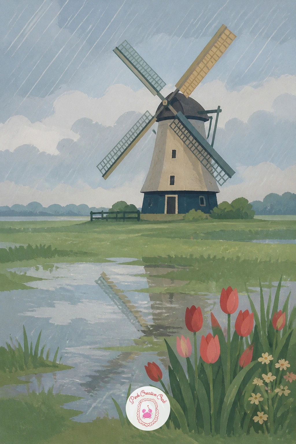 Windmill in Spring Rain — Give the mill some weather with a soft spring shower falling across the whole scene. Windmill painting