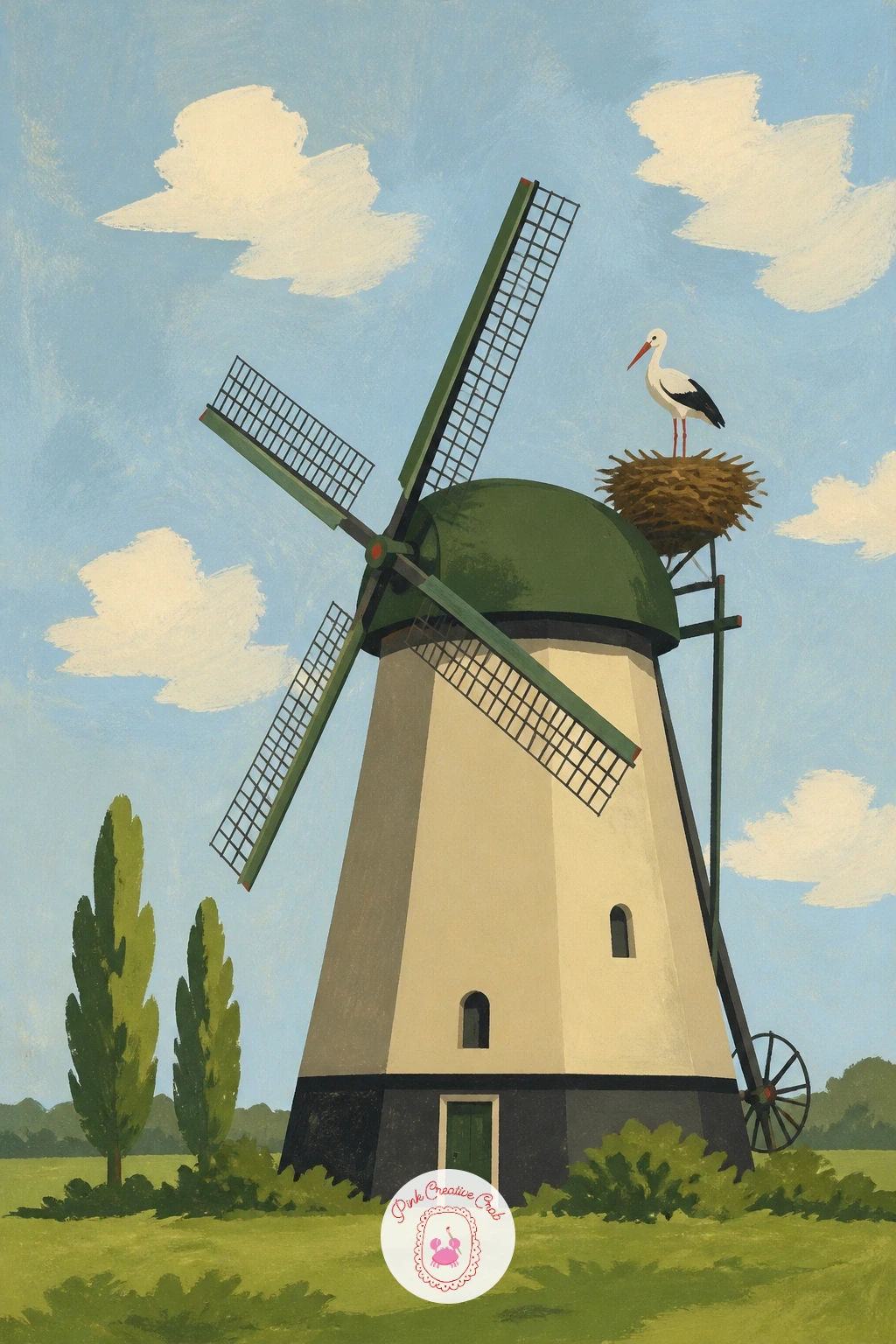 Windmill With Storks Nesting Nearby — Add a touch of wildlife with a stork's nest perched near the top of the windmill's cap. Windmill painting