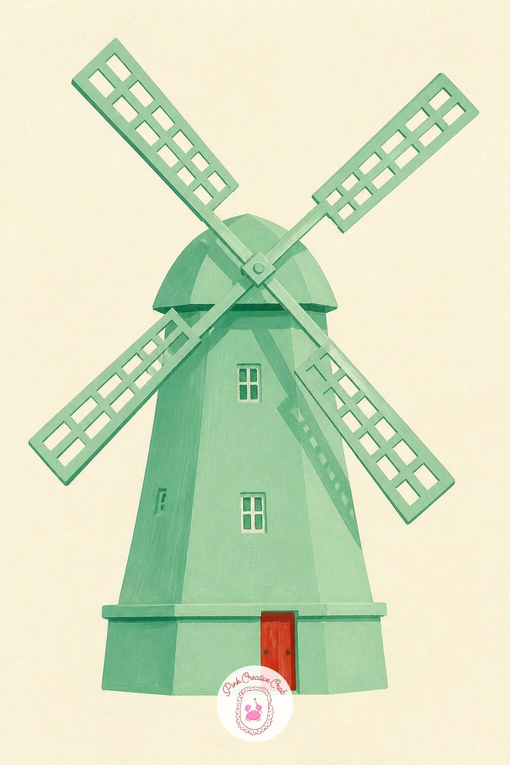 Windmill Painted Mint Green — Step away from red and white for a windmill painted entirely in soft mint green against a warm cream backdrop. Windmill painting