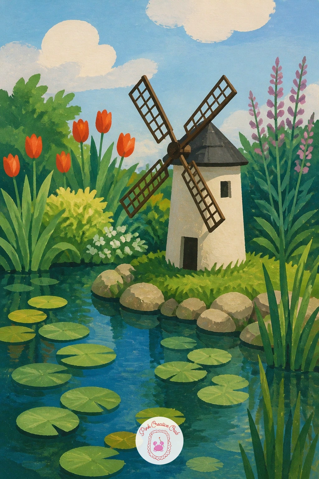 Tiny Windmill in a Garden Pond — Shrink the whole idea down to an ornamental garden windmill standing beside a small pond with lily pads. Windmill painting