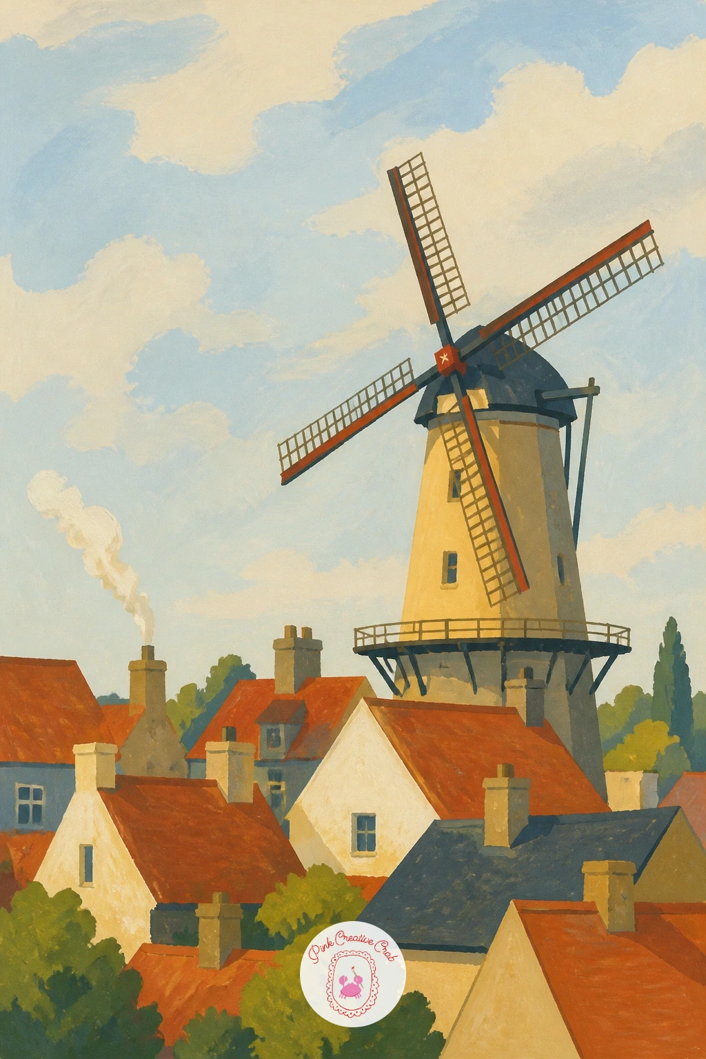 Windmill at the Edge of a Village With Rooftops — Give the mill some neighbors with a village scene where its tower rises just above a cluster of small