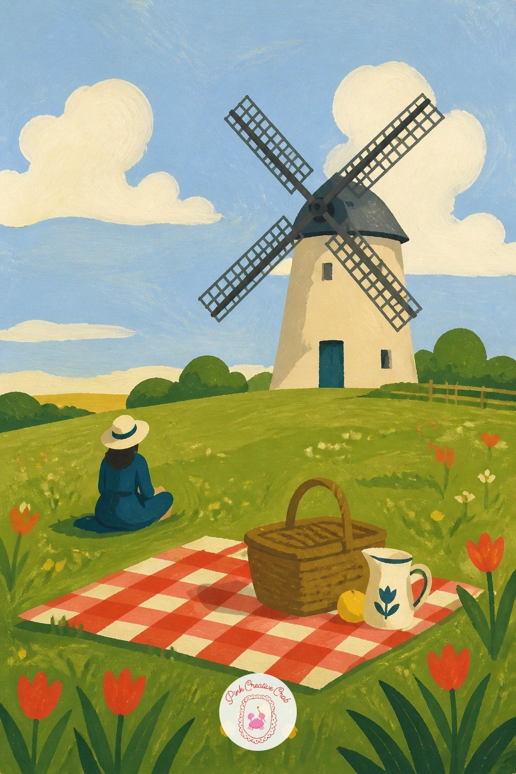 Windmill With a Picnic on the Grass — Bring people back into the scene with a small picnic spread on the grass in front of a windmill. Windmill painting